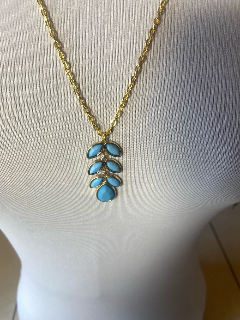 Gold-Tone Necklace with Blue Turquoise Teardrop & Marquise Pendant